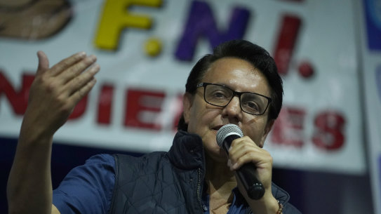 Fernando Villavicencio speaks during a campaign event at a school minutes before he was shot dead.
