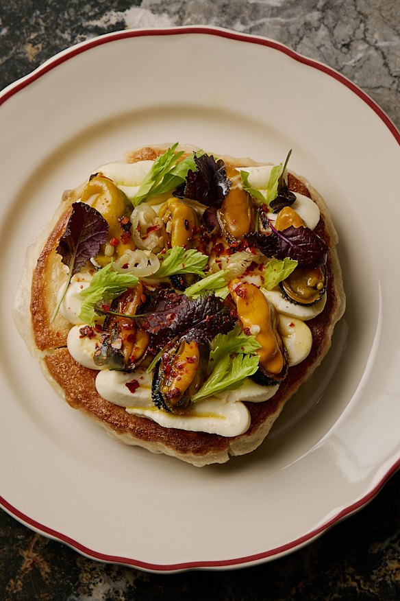 Potato flatbread with mussels escabeche and whipped cod roe.