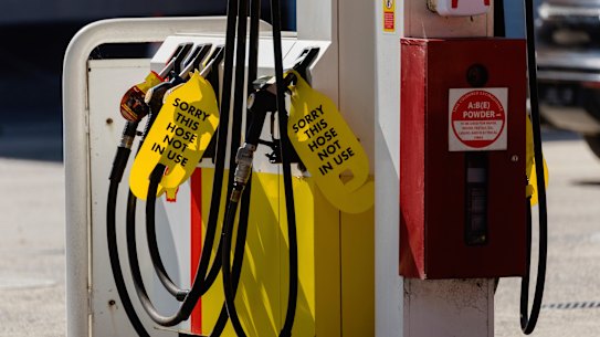 Sold-out signage at petrol bowsers at Shell Reddy Express.