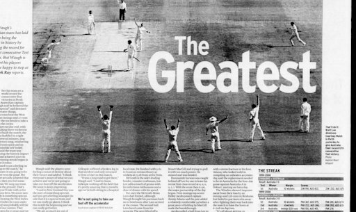 The Sydney Morning Herald of December 4, 2000, proclaims the Australian Test team "The Greatest' after its record breaking win.