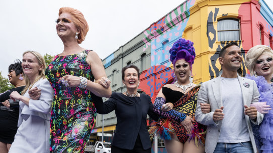Lord Mayor Clover Moore with Roads Minister Natalie Ward, Sydney MP Alex Greenwich and Sydney drag queens on Thursday.