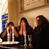 Janice Furstenberg (left), Rebbetzin Rachel Gutnick and Jenny Segal at the East Melbourne Synagogue, lighting candles to bring in Shabbat.