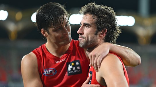 Suns forward Ben King (right) is mooted to be heading to Hawthorn at season’s end.