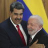 Venezuela’s President Nicolas Maduro, left, and Brazilian President Luiz Inacio Lula da Silva end a press conference at Planalto palace in Brasilia, Brazil.