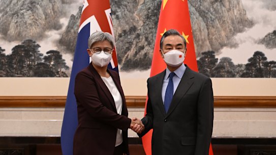 Foreign Minister Penny Wong meets her Chinese counterpart Wang Yi at Diaoyutai State Guesthouse in Beijing,