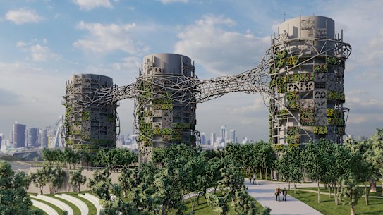 Artist’s impression of the finished smoke stacks at Rozelle, where the WestConnex motorway meets the Anzac Bridge.