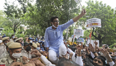 Congress party workers shout slogans during a protest accusing Prime Minister Narendra Modi’s government of using military-grade spyware to spy on political opponents, journalists and activists in New Delhi, India.