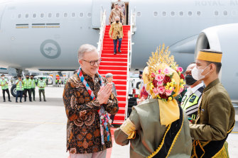 Prime Minister Anthony Albanese arrives at Sultan Hasanuddin Airport during a visit to Makassar, Indonesia.