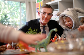Premier Dominic Perrottet at the Goodstart Early Education centre in West Ryde. The NSW government will offer fee relief for preschoolers as part of its push to make childcare more affordable and accessible.