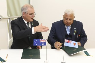 Prime ministers Scott Morrison and Frank Bainimarama at the COP26 summit in Glasgow in November. 