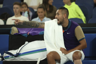 Nick Kyrgios gestures during his five-set loss to Dominic Thiem.