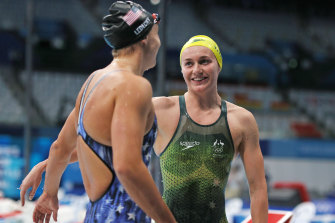 Ariarne Titmus and Katie Ledecky speak after the race.