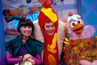 Daryl Somers with co-host Jacki MacDonald and Ossie Ostrich on Hey Hey Itâ€™s Saturday in 1987.