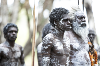 Gutjuk, (Jacob Junior Nayinggul) and tribal elder Grandfather Dharrpa  (Witiyana Marika).