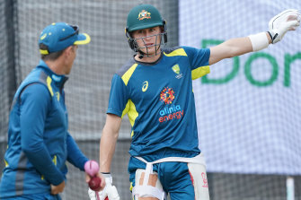 Marnus Labuschagne and coach Justin Lunger attend a training session at the MCG ahead of the Boxing Day Test.