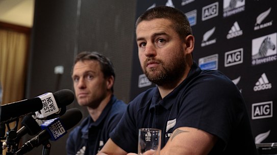 On song: Ben Smith and Dane Coles front the press in Perth.