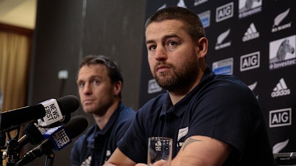 On song: Ben Smith and Dane Coles front the press in Perth.