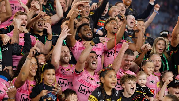 The Penrith Panthers celebrate their grand final triumph.