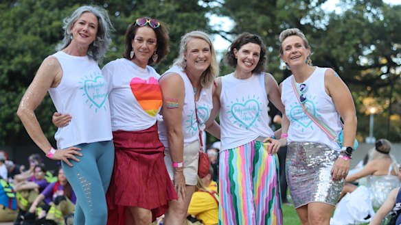Teal candidate Nicolette Boele (far left), pictured with MPs Sophie Scamps, Kylea Tink, Allegra Spender and Zali Steggall before Mardi Gras this year.