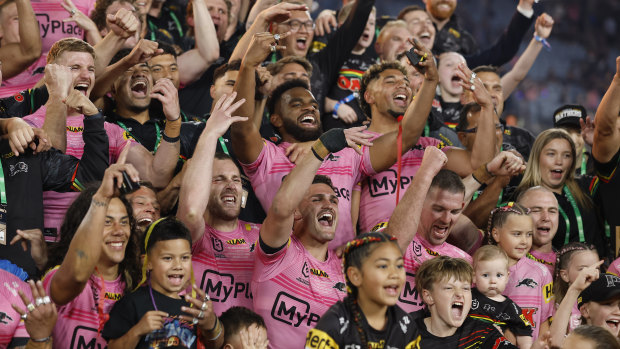 The Penrith Panthers celebrate their grand final triumph.