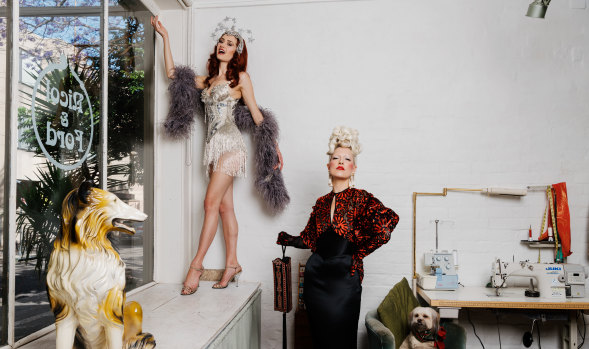 Burlesque performer Porcelain Alice  and Katie-Louise Nicol-Ford in Katie Louise’s shop Nicol and Ford in Newtown. 