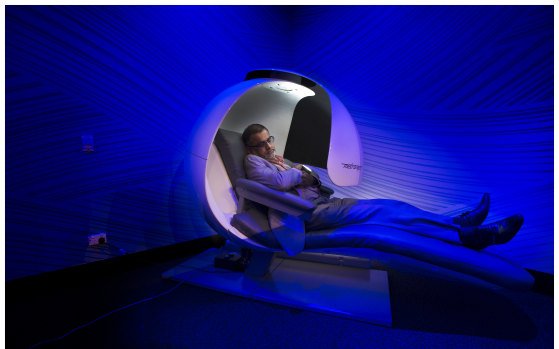 Mahil Mohamed is a project manager  takes time out for a twenty minute nap in a 'sleep pod' at the Virgin Active Gym,  Melbourne.