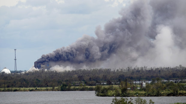 A fire at a BioLab chemical plant that handles chlorine for swimming pools burns in Westlake, Louisiana, last year.