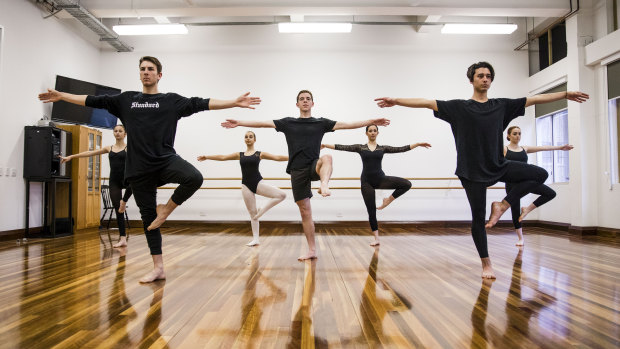 Students at Bradfield College prepare for their HSC dance performance. From left to right, Lyndon Frykberg, Max Walburn, Jett Balbi.