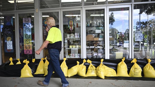 Sandbags outside a shop on Bribie Island.