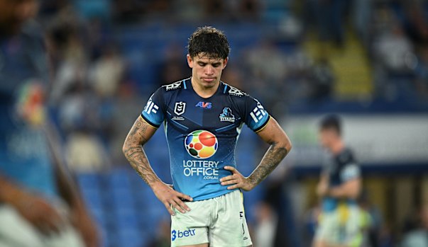 A dejected Jayden Campbell after the Gold Coast Titans succumbed to the Dolphins.