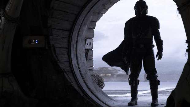 The Mandalorian (Pedro Pascal) in a scene from the Star Wars television series The Mandalorian.