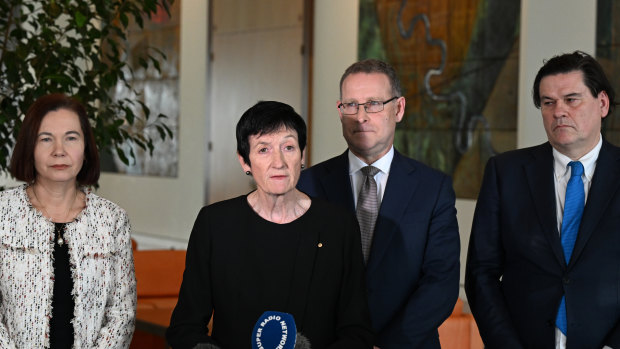 Minerals Council of Australia chief executive Tania Constable, Business Council of Australia chief executive Jennifer Westacott, Australian Chamber of Commerce and Industry chief executive Andrew McKellar and Australian Industry Group chief executive Innes Willox at a press conference at Parliament House on Friday.