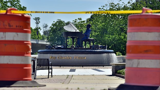 The musical statue to hometown hero Ray Charles in downtown Albany is switched off and silent.
