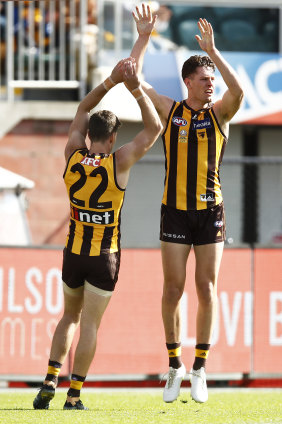 Jacob Koschitzke of the Hawks celebrates a goal with Luke Breust during their round six match against the Crows at University of Tasmania Stadium.