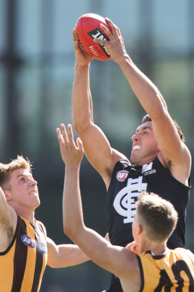 Carlton's Jacob Weitering marks strongly against Hawthorn in a practice match late last month.