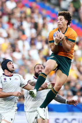 Mark Nawaqanitawase leaps high against Georgia in the Rugby World Cup.