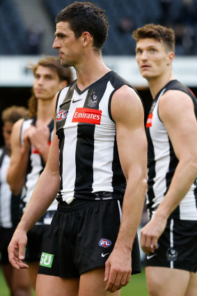 Scott Pendlebury looks on after the Magpies’ close loss to the Dockers at Marvel Stadium.