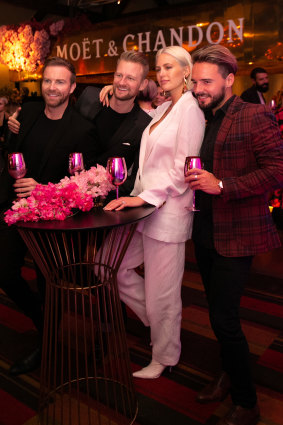 Michael Brown, Mark Evans, Jesinta Franklin and Adam Finch at the Moet & Chandon Grand Party at Hemmesphere.