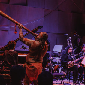 Brenda Gifford (seated, right) on the closing night of the Melbourne International Jazz Festival with pianists Andrea Keller and Joe Brown McLeod.