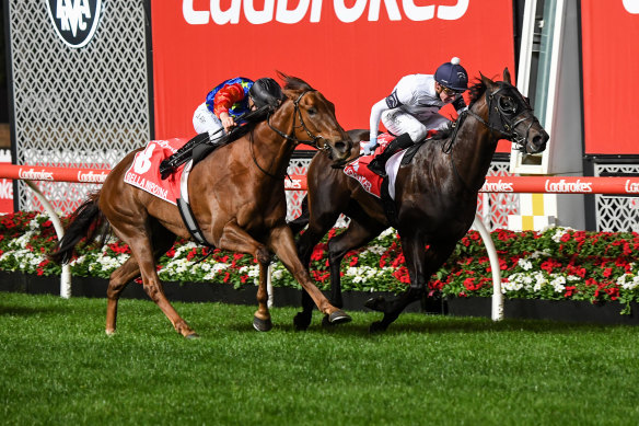 Jonker, ridden by Daniel Moor, wins the Manikato Stakes at Moonee Valley on Friday night.
