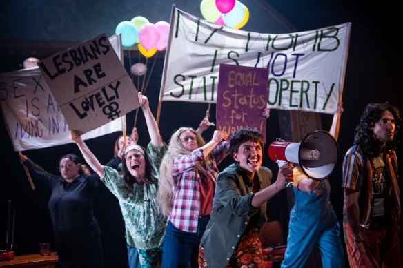 The set design allows protest scenes to be effectively peopled by just seven actors.