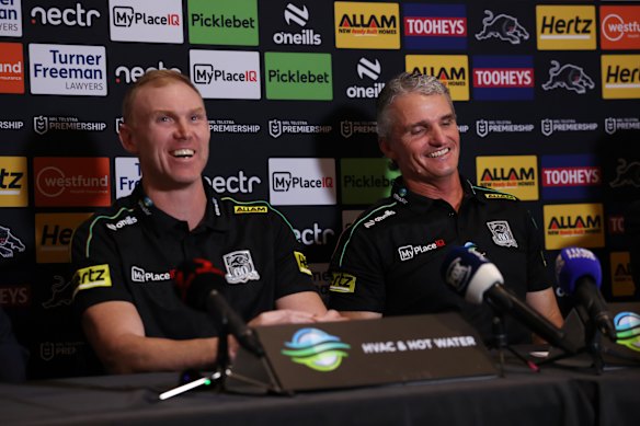 Incoming Penrith coach Peter Wallace with Ivan Cleary at Wednesday’s announcement.