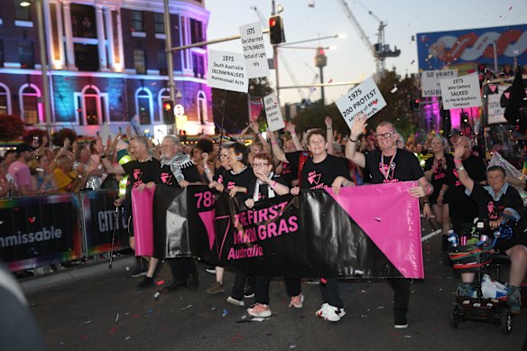 The 78ers march along Oxford Street in last year’s Sydney Gay and Lesbian Mardi Gras. 