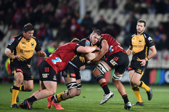 Fergus Lee-Warner of the Force charges forward during the round four Super Rugby Trans-Tasman match between the Crusaders and the Western Force at Orangetheory Stadium.