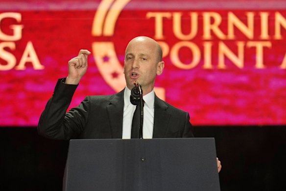 White House deputy chief of staff Stephen Miller speaks at a memorial for conservative activist Charlie Kirk.