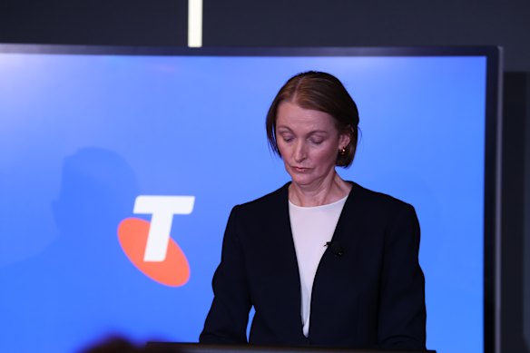 Telstra chief executive Vicki Brady at a media update in Sydney on Friday.