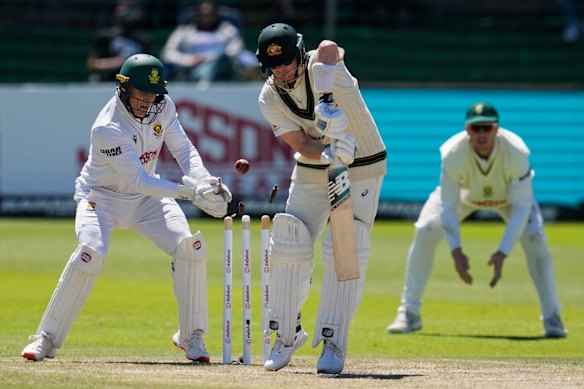 Steve Smith is bowled out by South Africa’s Wiaan Mulder.