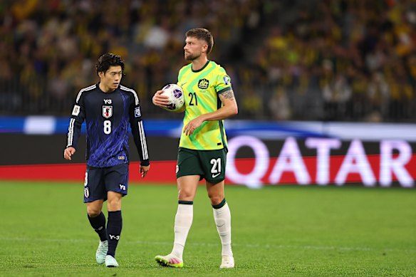 Cameron Burgess of the Socceroos looks on