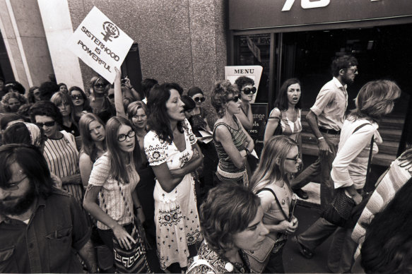 Germaine Greer takes part in a march in Sydney in March 1972, just days after her Auckland court appearance. 