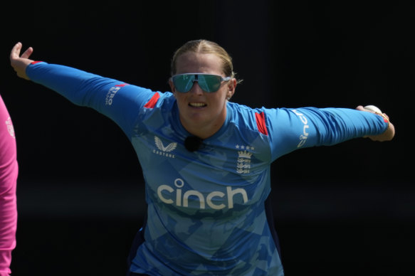 England’s Sophie Ecclestone prepares to bowl to Australia